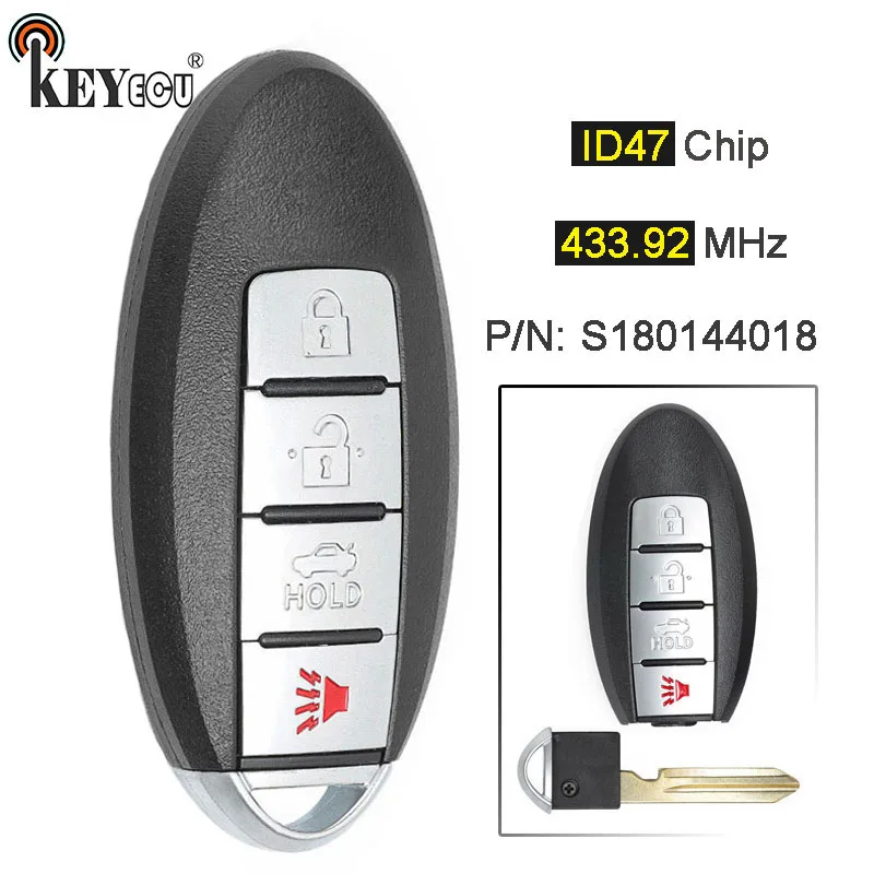 

KEYECU 433.92MHz ID47 P/N: S180144018 Replacement Smart Remote Car Key Fob 3+1 4 Button for Nissan Altima Maxima 2013 2014 2015