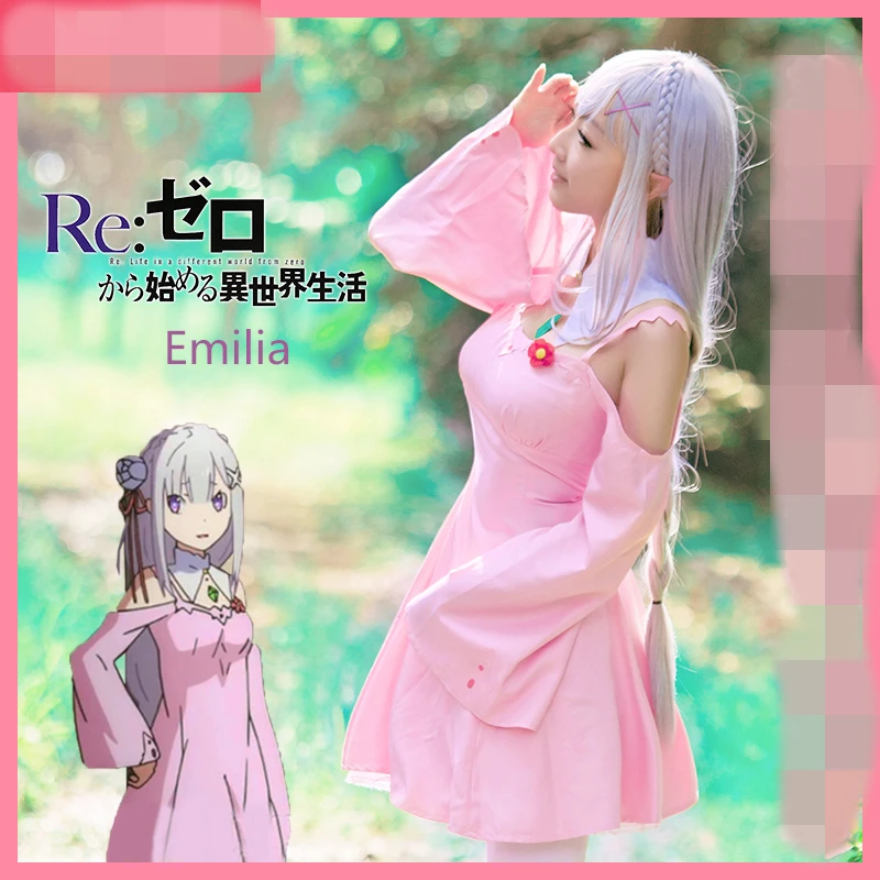 

Re:Life in a different world from zero Emilia Cosplay Costume Suits Dresses Women Sweet Pink Daily Costume Dress