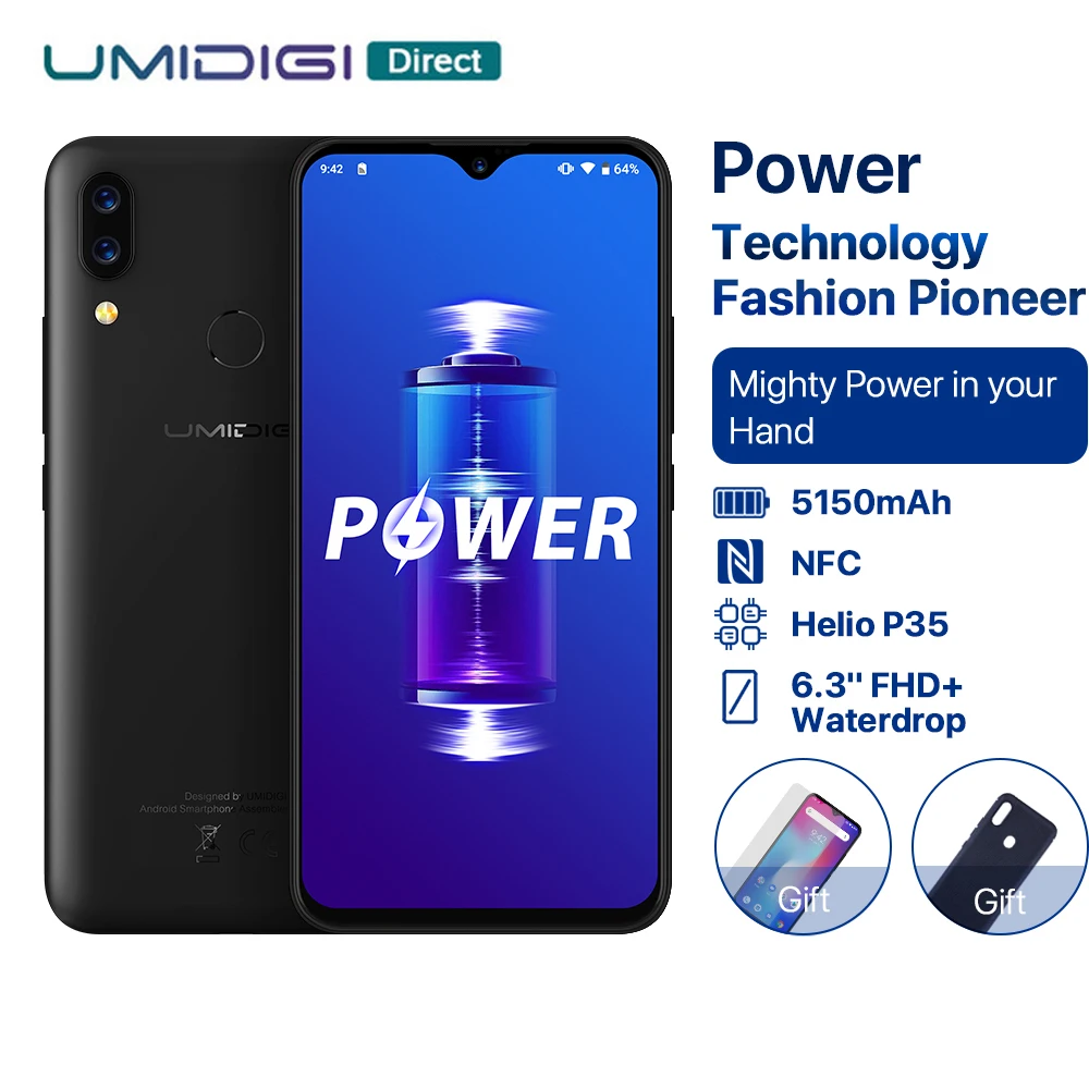 Мобильный телефон UMIDIGI power Android 9,0, глобальная версия, 64 ГБ, 4 Гб, 6,3 дюйма, 16 Мп+ 5 Мп камера, 4G, быстрая зарядка, OTG, NFC, дроп, смартфон