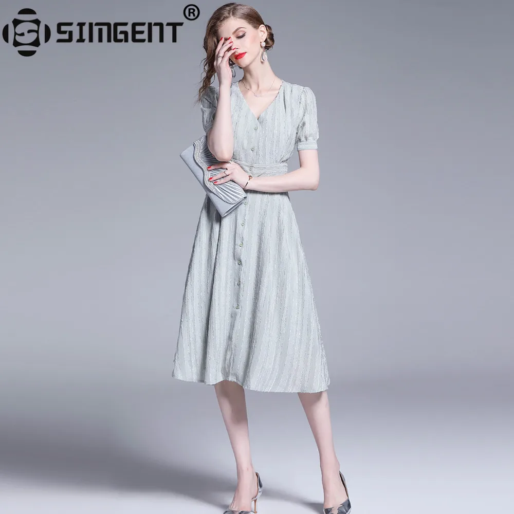 

Simgent Stripe Dress 2019 Summer Lantern Sleeve A Line V Neck Elegant Casual Solid Empire Women Midi Dress Vestidos Jurk SG9792
