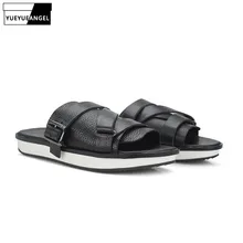 Новинка года; модные мужские сандалии; повседневная обувь из натуральной коровьей кожи без застежки; мужские черные шлепанцы на плоской подошве; шлепанцы на застежке; большие размеры 44, 45
