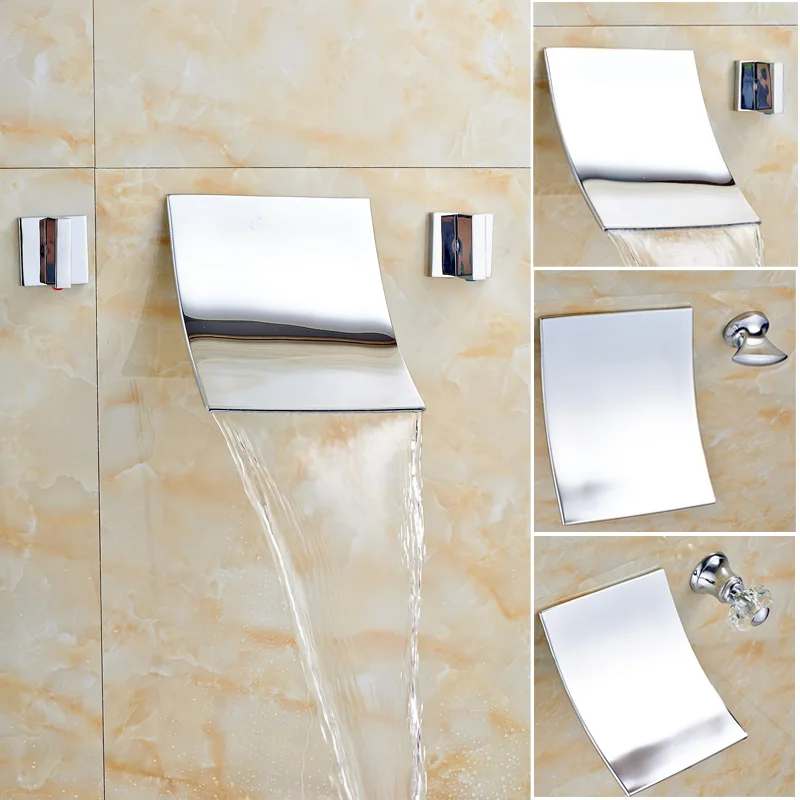 

Big Curved Waterfall Spout Wall Mounted Bright Chrome Polished Water Faucet Two Holders