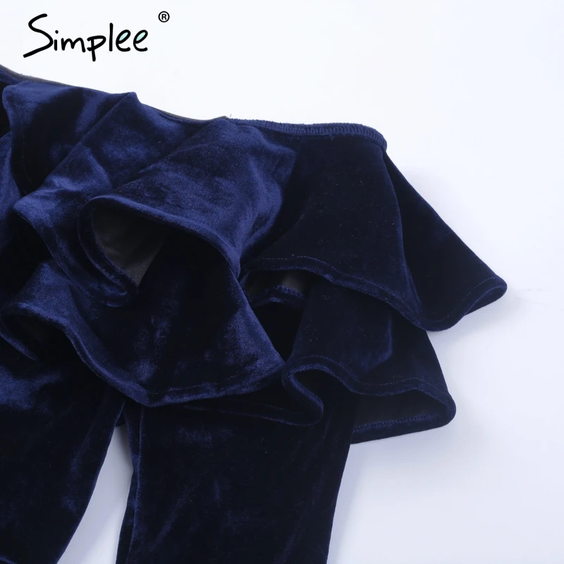 Simplee Off shoulder velvet ruffle bodysuit Women sexy long sleeve jumpsuit romper Autumn winter party club bodysuit overalls