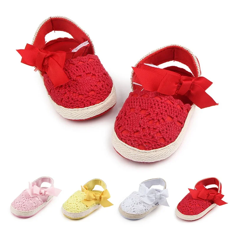 Baby Girl Newborn Shoes Spring Summer Sweet Very Light Mary Jane Big Bow Knitted Dance Ballerina Dress Pram Crib Shoe