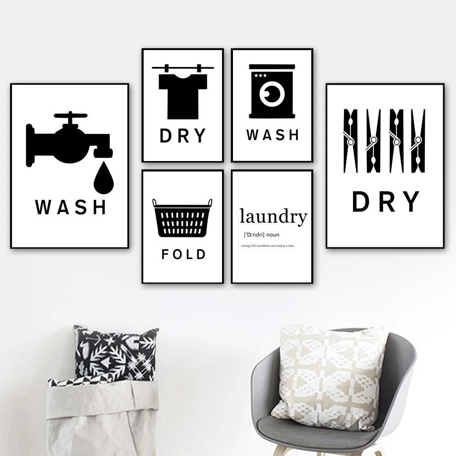 

Black White Wash Dry Fold Laundry Logo Wall Art Canvas Painting Nordic Posters And Prints Wall Pictures For Bathroom Home Decor