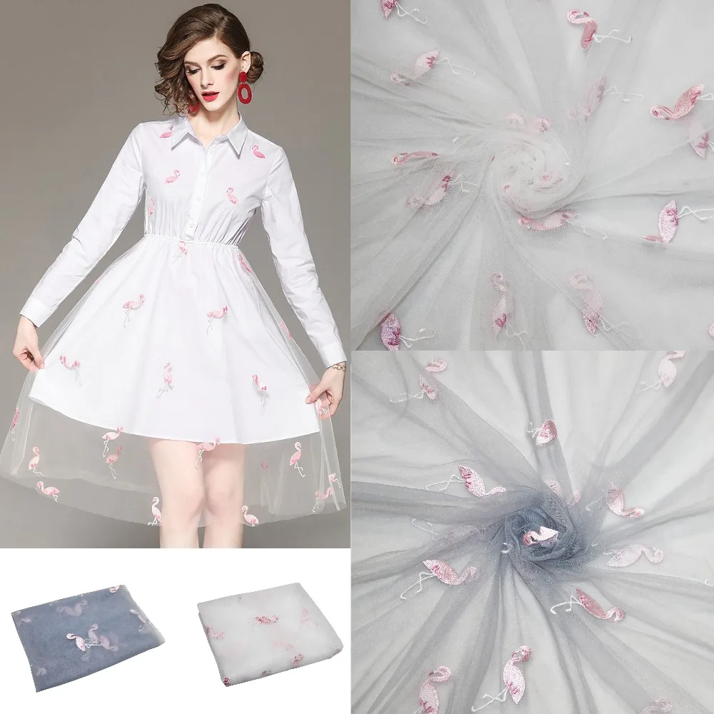 

flamingos embroidered soft tulle pink birds printed mesh fabric girls clothes women dress material birthday wedding decoration
