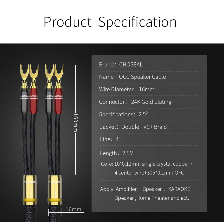 CHOSEAL HIFI Speaker Audio Cable High Fidelity OCC Speaker Wire DIY with U Shape Banana Plug 2pcs 2 (4)