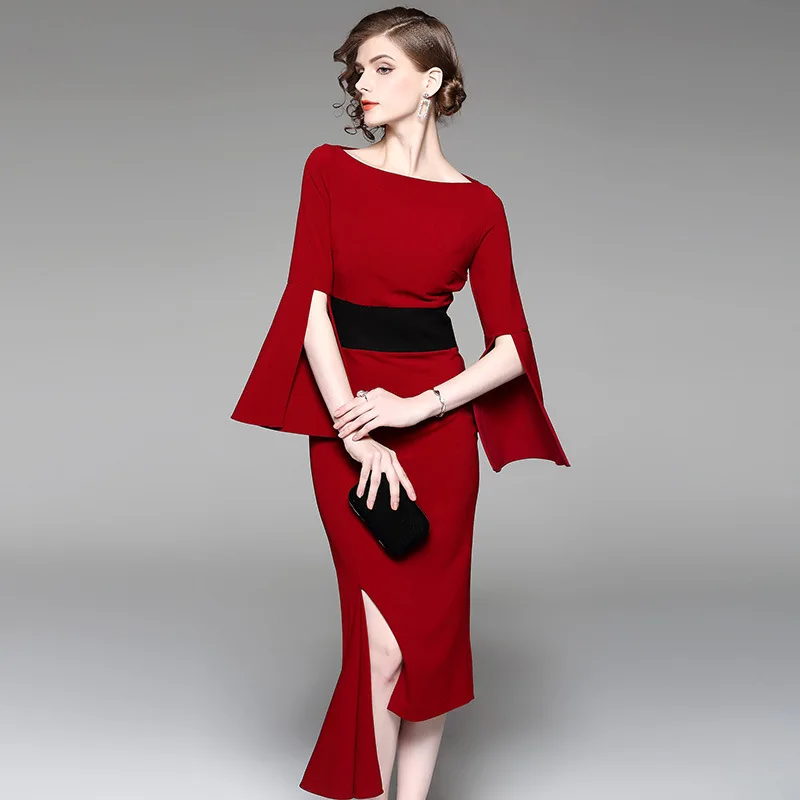 Ayunsue Европейский Демисезонный элегантное платье новые женские красные нерегулярные длинное платье секс с плеча Патри Платья для женщин Лидер LX1675 - Цвет: red