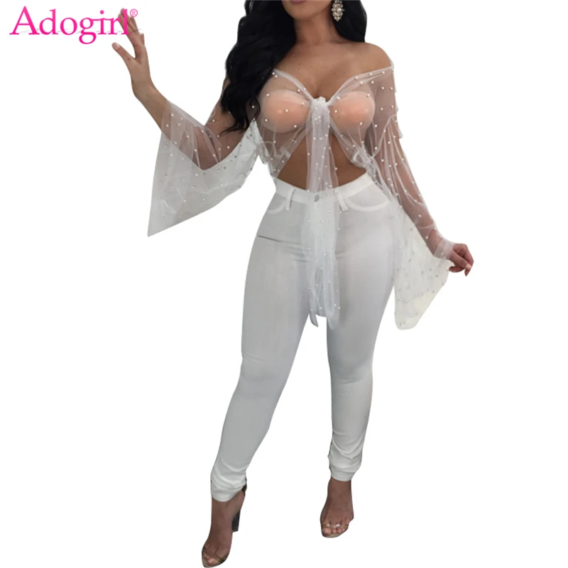 

Adogirl Sheer Mesh Pearls Women Sexy Crop Tops Blouses Lace Up V Neck Long Sleeve Shirts Summer Beach Cover Up Ladies Blouses