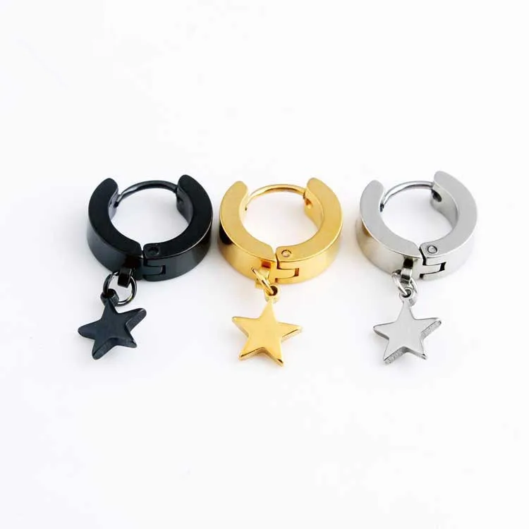 

Fashion Women Small Circle Earrings Titanium Steel Silver Gold Black Hollow Stars Flashing Lightning Charm Hoop Huggie Earring