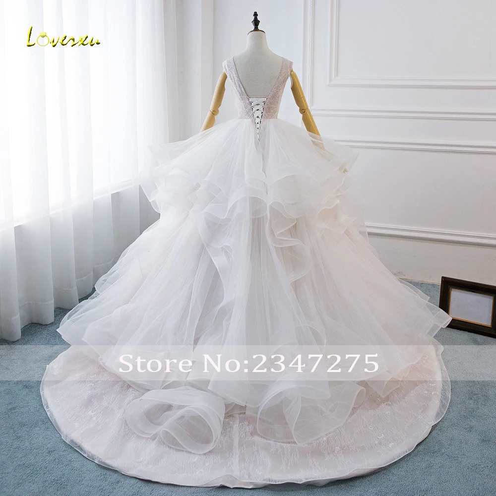 Loverxu Vestido De Noiva, кружевное бальное платье с оборками, свадебное платье, сексуальное, с открытой спиной, с v-образным вырезом, со шлейфом, с аппликацией, свадебное платье с бисером