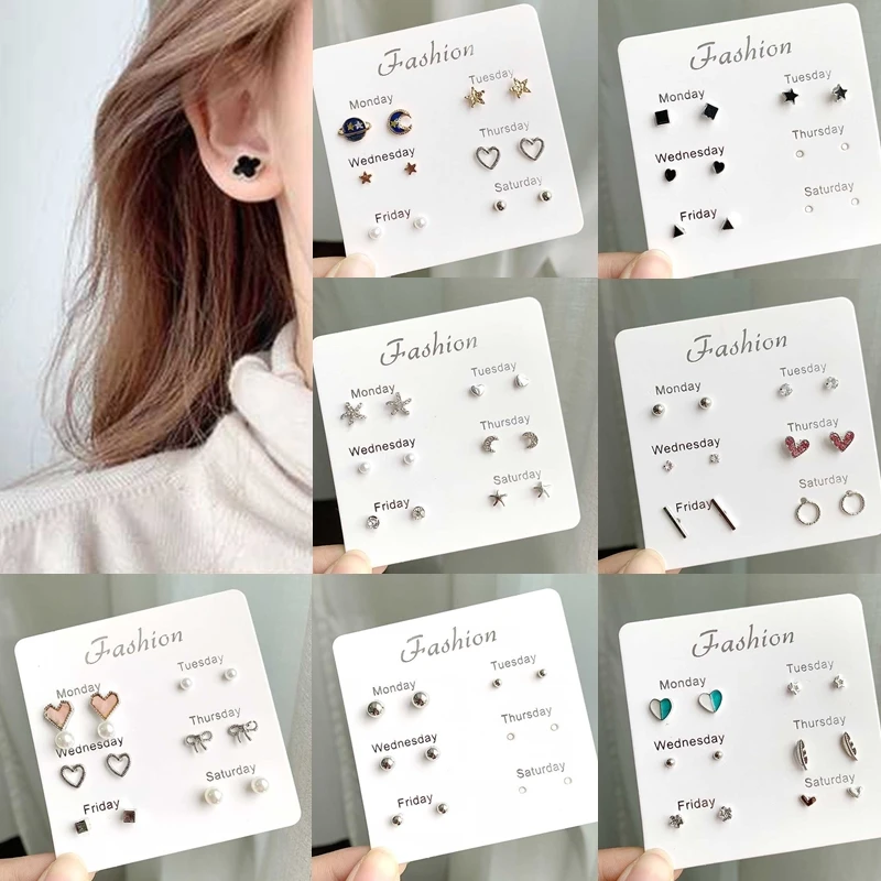 

6 Pair Stud Earring For Women Jewelry Suit Earrings Imitation Pearl Moon Stars Heart Exquisite Summer Sweet Simple Gift Elegant