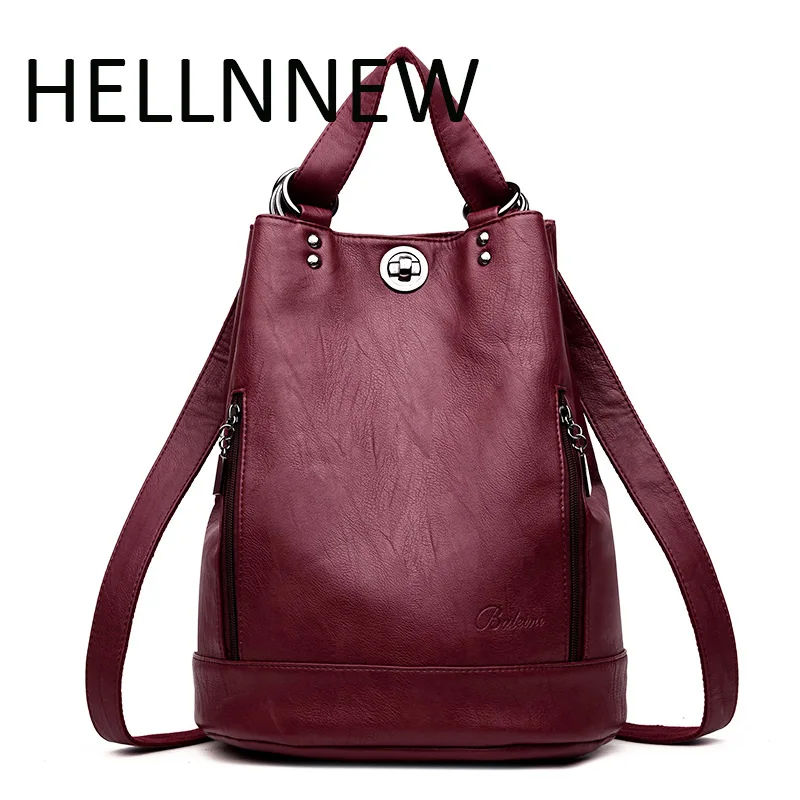 HELLENNEW Top PU Leather Backpacks College Students Double Shoulder Bags Designer Backpack Multi Function Bags Mochilas