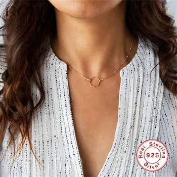 ROXI Minimalist Small Round Pendant Necklace Women 925 Sterling Silver Necklace Geometric Karma Circle Necklace Choker Collares