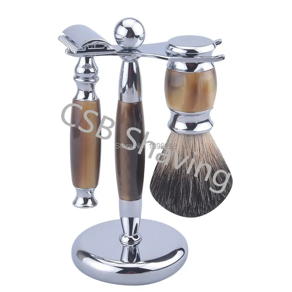 CSB роскошный набор для бритья с искусственными роговыми ручками, двухсторонняя Безопасная бритва для бритья, Мужская щетка для волос барсука, подставка, держатель, набор