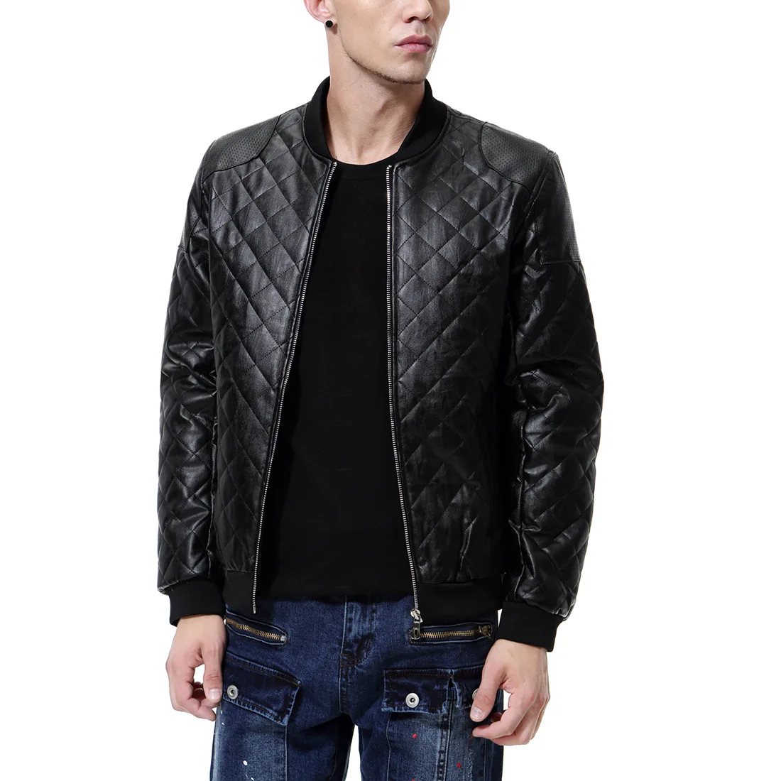 2019 Autumn New England Stand Collar Men's Diamond Wash Leather PU Leather Jacket Coat Baseball Uniform Leather D039