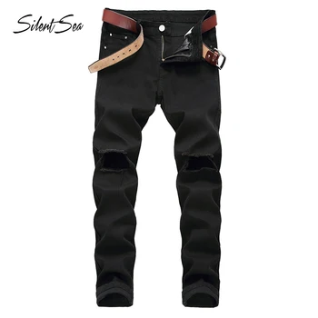 

Silentsea Men Jeans Ripped Jeans For Men Hole Jean Pants Mens Jeans Slim Straight Denim Zipper Outwear Man Pencil Pants Big Size