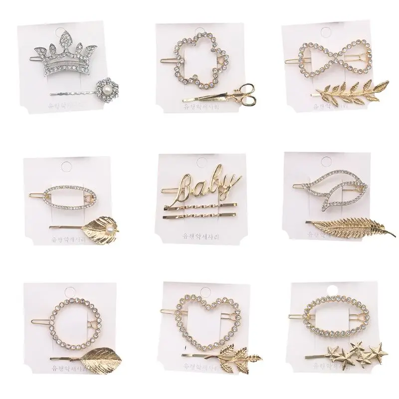 

2Pcs/Set Women Creative Metal Alloy Scissor Leaf One Word Hairpin Rhinestone Crown Heart Geometric Hair Clip Ponytail Barrettes
