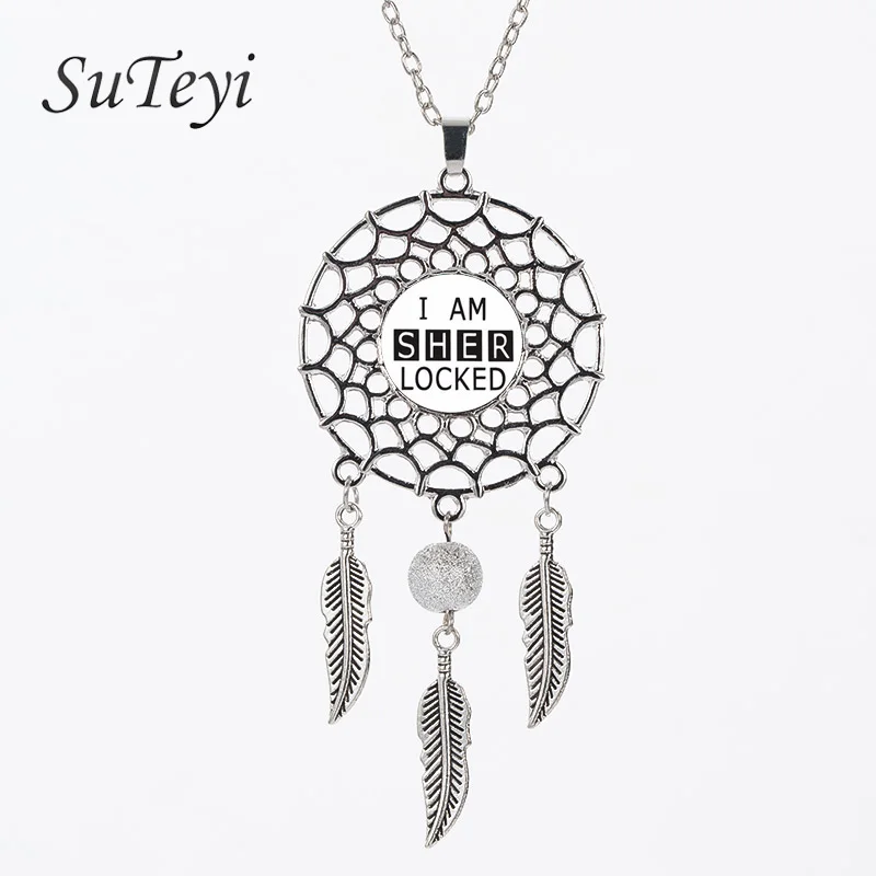 

SUTEYI Hot Sale Vintage Handmade Necklace SHERLOCK HOLMES Dreamcatcher Pendant Necklace Black White for Women Men Jewelry Gift