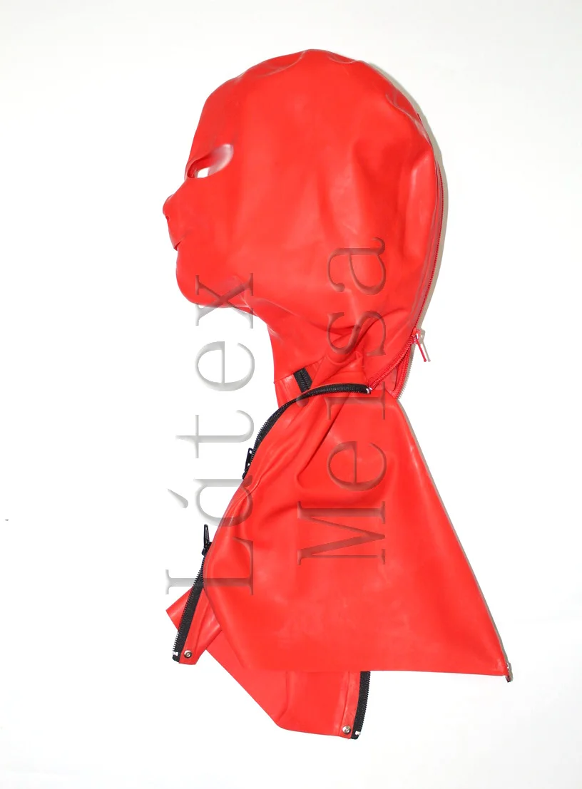 

Red latex hood mask open eyes mouth and nostrils with front and back zippers for adults