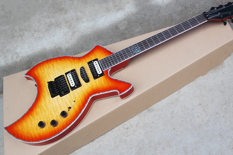 

Orange Unusual Shape Electric Guitar with HSH Pickups,Flame Maple Veneer,Rosewood Fretboard,offering customized services