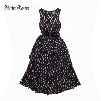 

Black Print A-line Dress Women Sleeveless Round Neck Elegant Dress 2018 Summer Work Wear Dress offical lady Women loose Dress