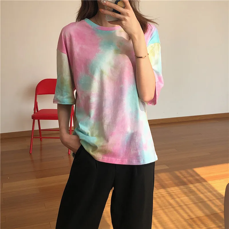 CBAFU tie dye футболка женская летняя топ Корейская одежда Повседневная Свободная футболка femme ulzang топы с принтом Лоскутная футболка D559 - Цвет: picture color