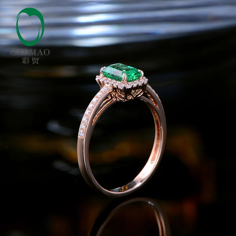 Caimao 14k Rose Gold Halo Diamond Ring 0.74ct Natural Green Emerald Engagement Jewelry for Women