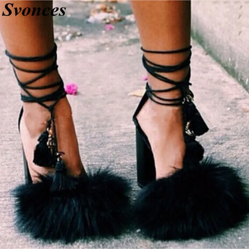Pom Pom Design Women Dress Shoes Lace Up Black Fur Feather Chunky Heels Summer Autumn Fringe Ankle Strap Gladiator Heels Women