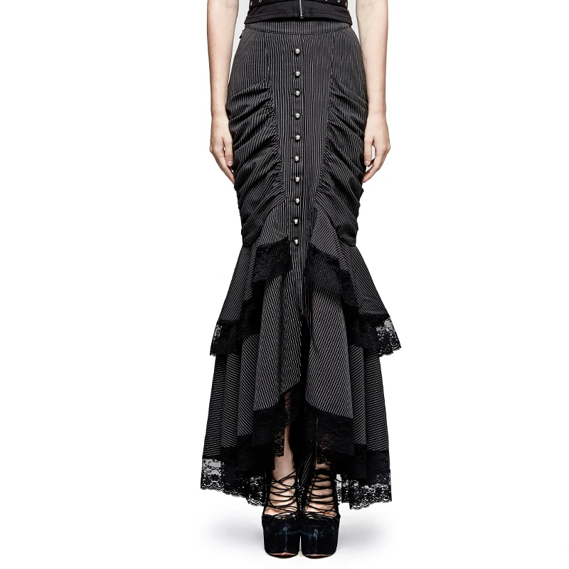 

Vintage Steampunk Summer Gothic Striped Full-skirted Fishtail Skirt Women Fashion High Waist Ankle-length Skirts Black Brown