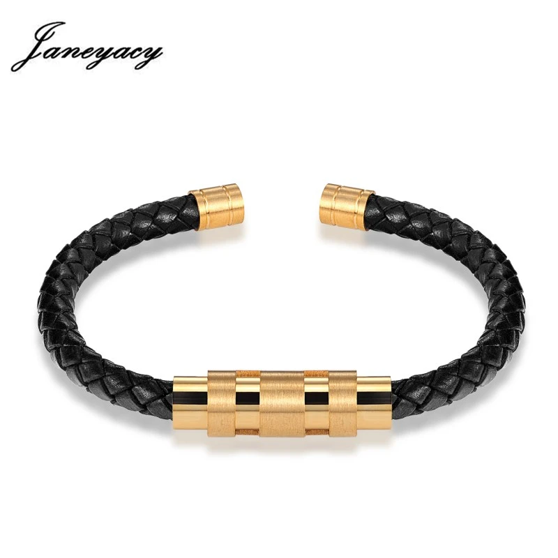 

Janeyacy 2018 Men Jewelry Punk Black Braided Geunine Leather Bracelet Women's Stainless Steel Fashion Bangles Men's