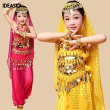 Восточные костюмы для танца живота, Детский костюм для танца живота, комплект из топа и штанов для девочек, индийское сари, одежда, Болливуд для детей