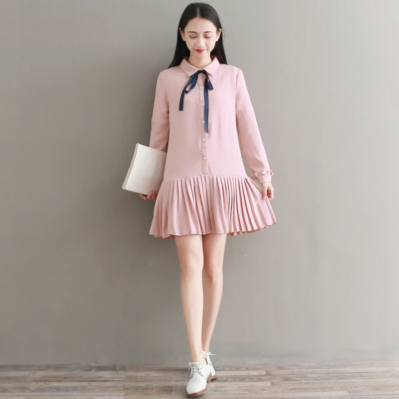 Mori Girl Pink Dress New Japanese Pleated Vestidos Women Long Sleeve