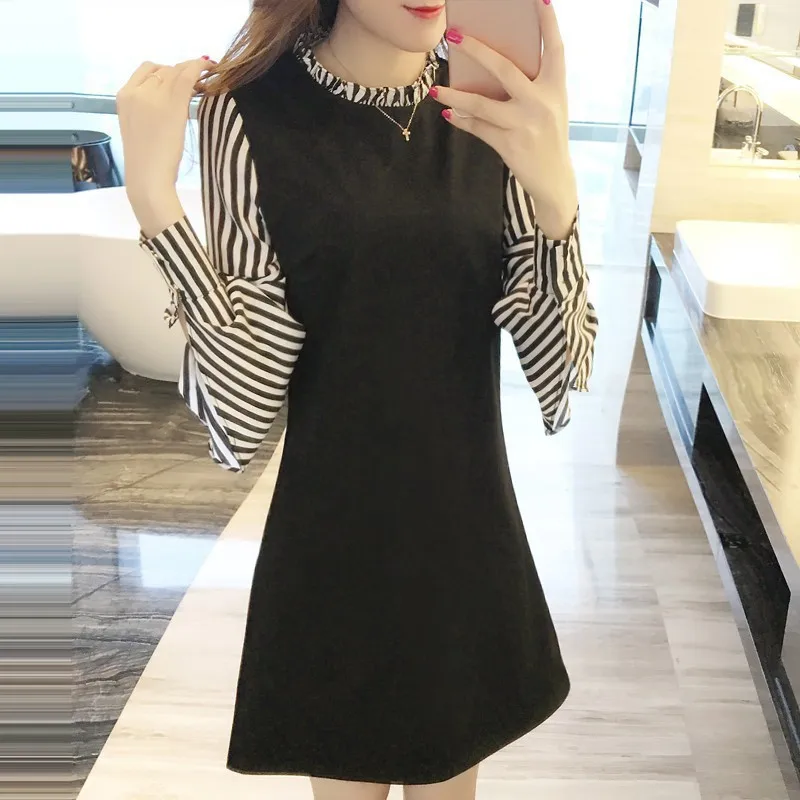 

Women Slim Mini Dress Striped Long Sleeve Patchwork Casual Short Dress Fake 2 PCS Elegant Mini Dress