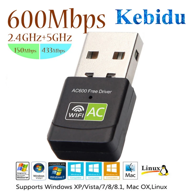 

Kebidu 600Mbps USB 2.4+5Ghz Free Driver MIni Wireless USB Wifi Adapte Receiver Wifi AC Dongle Adapter Network Card for Laptop