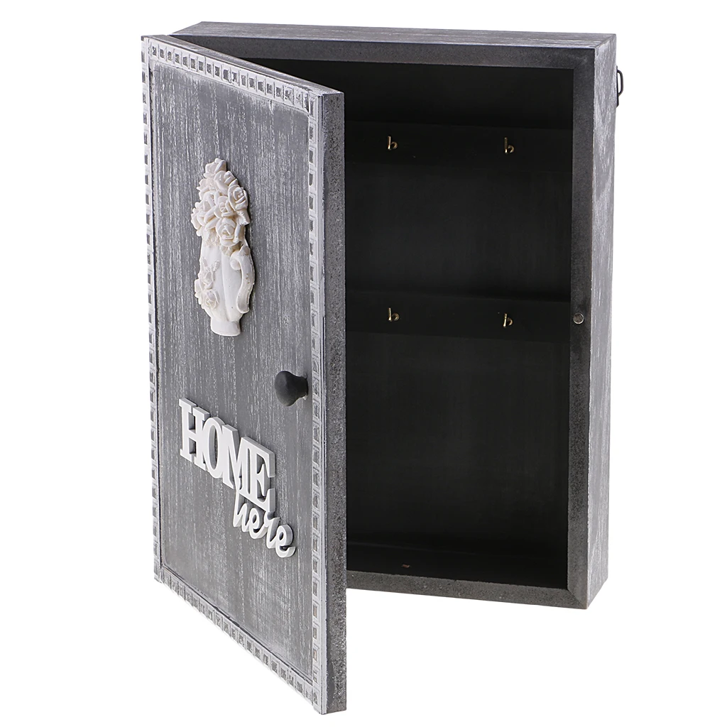 Shabby Chic Style Wooden Key Storage Box Wall Mount Shelf Cabinet Cupboard Rack with 6 Hooks Home Organizer for Letter