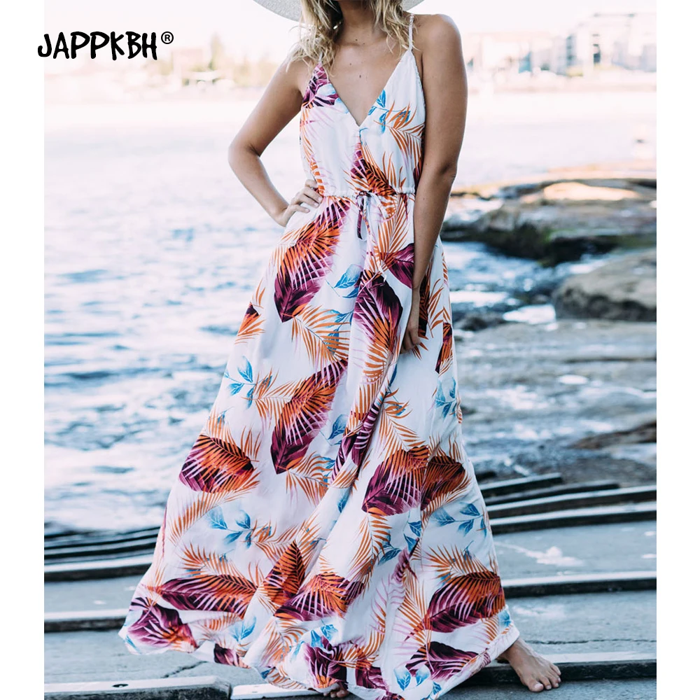 

Summer Dress Women 2019 Sexy Elegant V-Neck Long Party Dresses Female Casual Print Boho Beach Ball Gown Maxi Dress Belt Sundress