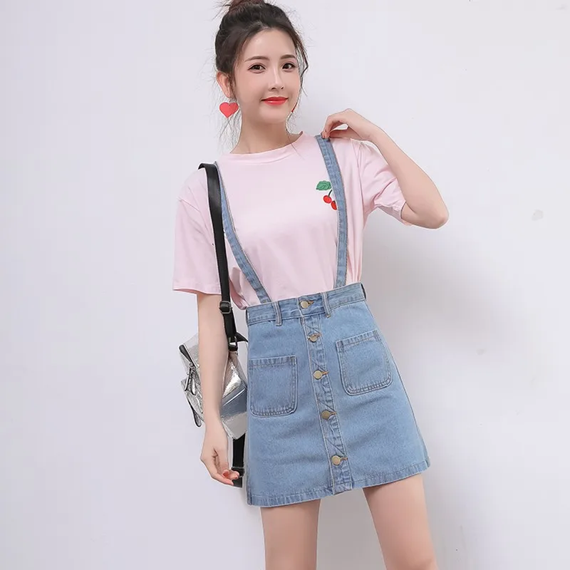 EXOTAO Strap Denim Skirts Students A Line Single Breasted Faldas