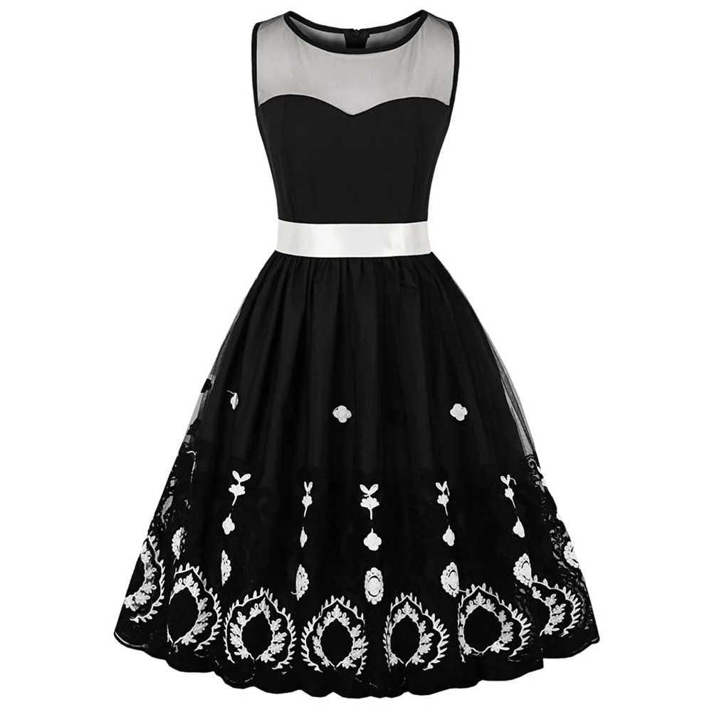 

Wipalo Retro Semi-Sheer Mesh Insert Embroidered Pin Up Dress Vintage Halloween A-Line Party Dress With Bowknot Sashes Vestidos