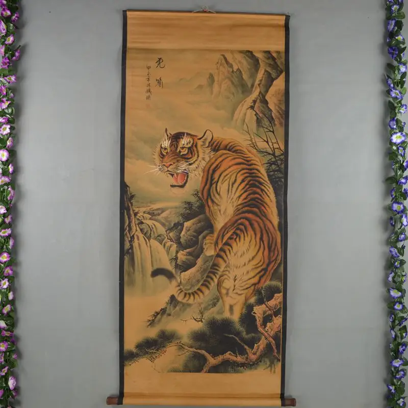 Cinese Qing Dyansty Scroll Pittura Megatron Mountain Tigers In Salita, Spedizione Gratuita