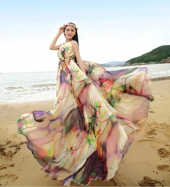 Buy Cheap Summer Style Halter Neck Colorful Chiffon Maxi Dress Oversize Holiday Beach Sundress