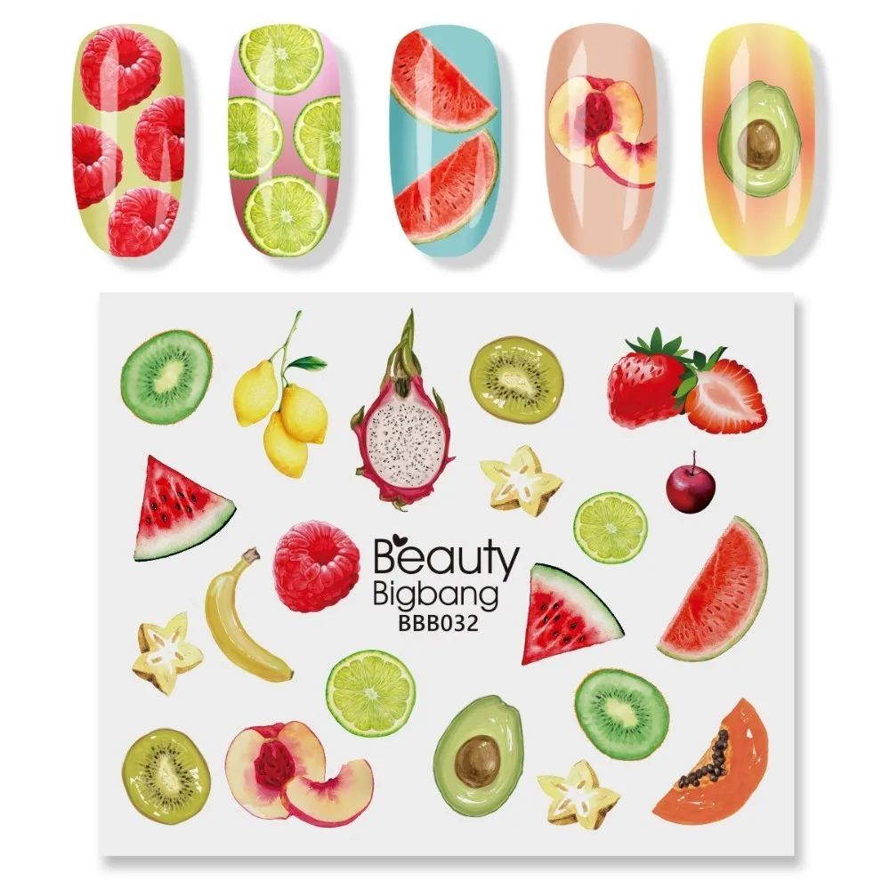 BeautyBigBang, 2 шт. в наборе, наклейки для дизайна ногтей, фрукты, банан, персик, авокадо, декоративные обертывания, Водные наклейки, наклейки для ногтей, s Art BBB032