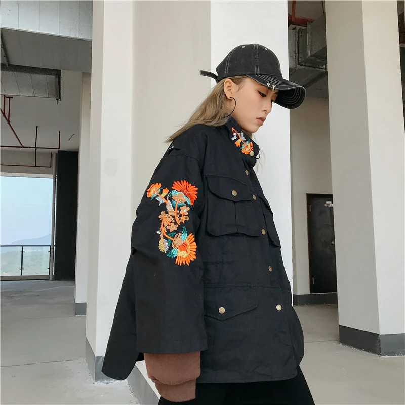 New Arrival Women Military Jacket Female Sequined Flower Pockets