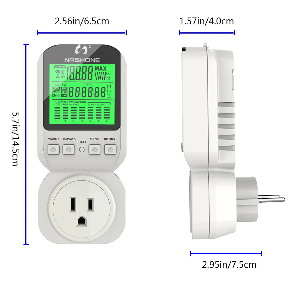 Goedkoop Nashone Home Energy Meter AC 220V LCD Micro Power Meter Socket Power recorder Watt Monitor Elektriciteit Monitor EU  US UK Plug