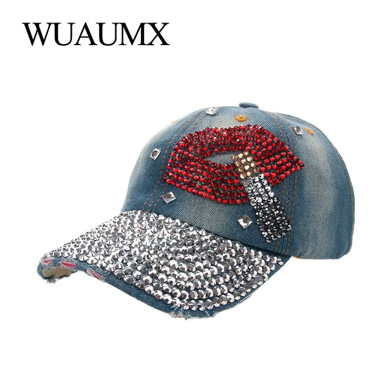 Wuaumx Vintage Baseball Caps Women Lips Rhinestone Bling Cap For Girls
