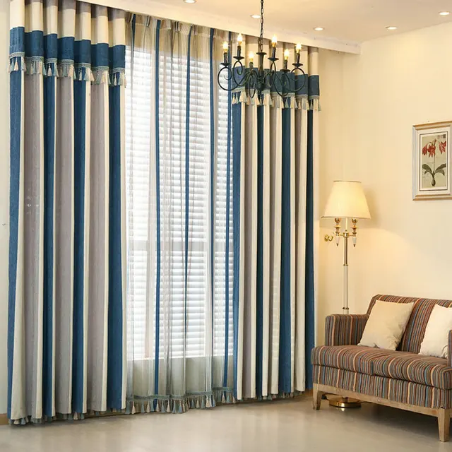 Modern Vertical Striped Curtains with Top Valance Fringes Printing