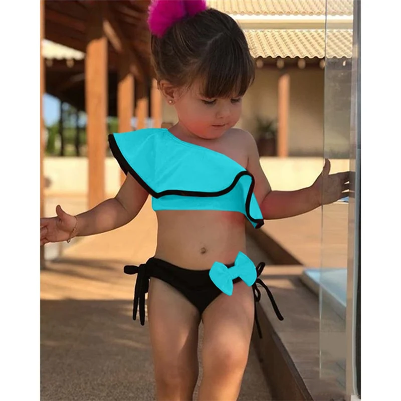 Детский купальник с рюшами ярких цветов на одно плечо для девочек, купальный костюм на лето, милое бикини из двух предметов, пляжный костюм - Цвет: Синий