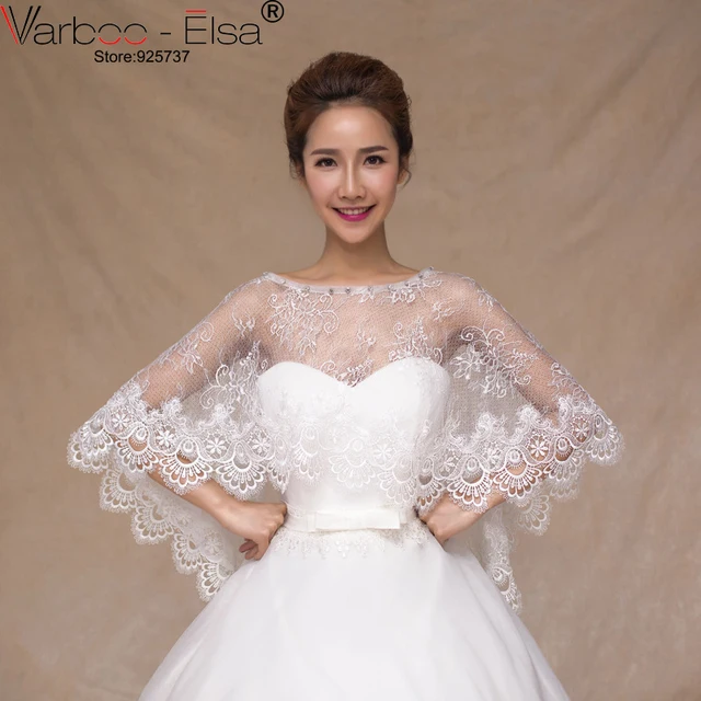 Price VARBOO_ELSA Bridal Lace Shawl Sexy Boat Neck Cloak 2018 Summer Ivory Cape Bridal Crystal Transparent Wedding Accessories Wrap