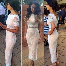 Nach Maß Scalloped Ausschnitt Kurzarm Zwei Stück Cocktailkleid Zurück Slit Spitze-partei-kleid robe de soiree