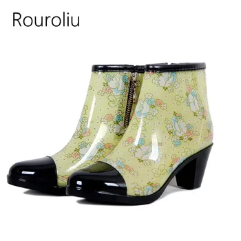 

Rouroliu Women Hot Zip Rain Boots PVC Waterproof Water Shoes Woman Non-Slip High Heels Ankle Wellies RT360
